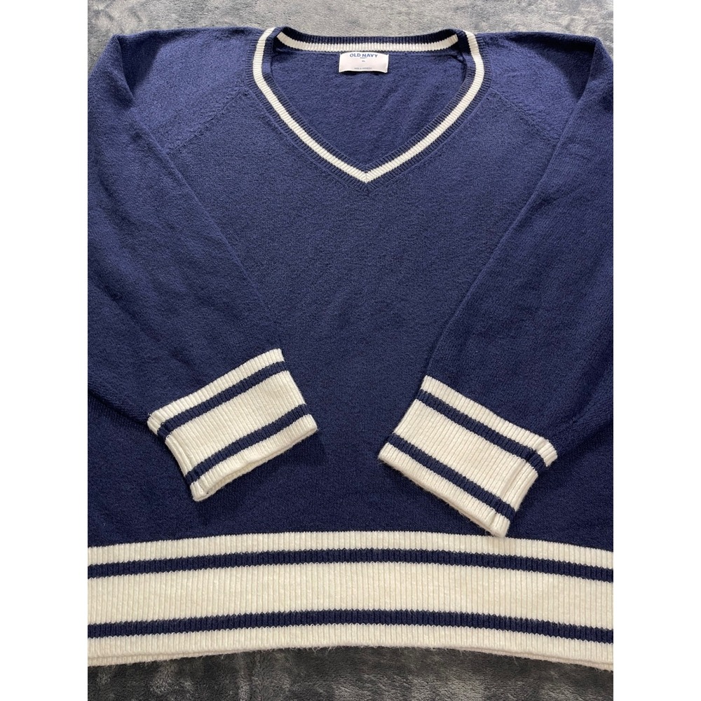 Old Navy So Soft Navy Blue Varsity Stripe V-Neck Sweater Womens XL